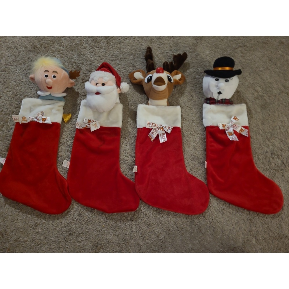 Vintage Lot Of 4 Rudolph Plush Stockings, Hermey, Santa, Rudolph & Snowman